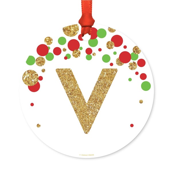 Andaz Press Family Christmas Ornament, Metal, Red Green Gold Glittering Monogram Letter V, 1-Pack, Includes Ribbon and Gift Bag