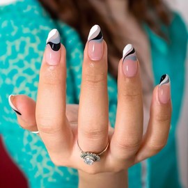 Acrylic press on nails, French tip, Fake nails with glue, Fake nails with design, Short press on nails, Short - Medium, 24 pc set (including adhesive tabs) (JP1522) MOTA ENTERPRISE