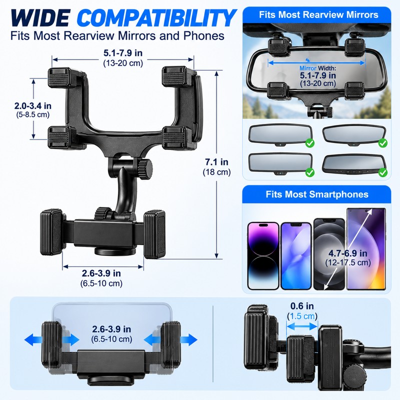 Rearview Mirror Phone Holder for Car, Adjustable Navigation Phone Mount