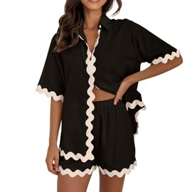Women's Casual 2 Piece Outfits Solid Color Button Up Tops Elastic Waist Shorts Nightwear Set Black S