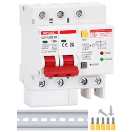 DIHOOL Ground Fault Circuit Breaker with Voltage Surge Arrester Protection, 16 Amp 2 Poles AC 120V-240V, DIN Rail Mount Residual Current Circuit Breaker 16A