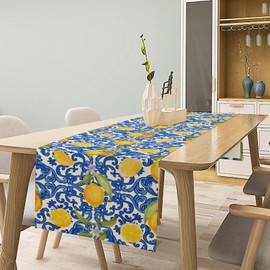 Camino de mesa de limón acuarela con figura azul fruta, hojas verdes, patrón de mantel, decoración de jardín, granja, boda, fiesta, día festivo, cena, hogar, 13 x 90 pulgadas