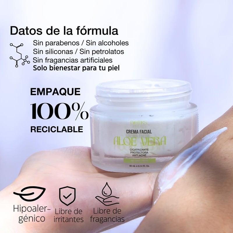 Crema Facial Hidratante Antiacné con Aloe Vera, 50 ml Biotiks
