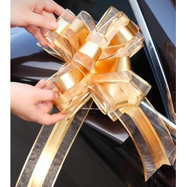 5 PCS Pull Bow Present Wrapping Bows, Pull Bow with Ribbon for Wedding Present Baskets, Party Present Wrap Bows, Presents Decorating Bows (Gold, Large)