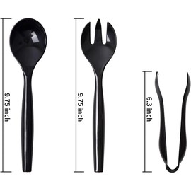 VeZee's Plastic Serving Utensils, Black Heavy Duty Disposable utensil | Set 10" Spoons 10" Forks 6" Tongs | 6 Each in One Set| 18 Pcs
