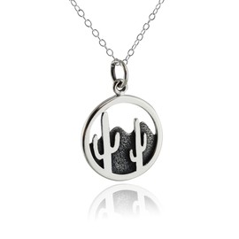 FashionJunkie4Life Sterling Silver Desert Cactus and Mountains Landscape Charm Necklace, 18" Cable Chain, Metal