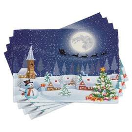 ABAKUHAUS Christmas Place Mats Set of 4, Winter Landscape, Washable Fabric Placemats for Dining Room Kitchen Table Decor, White Blue