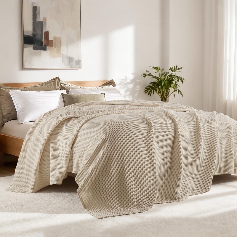 Exclusivo Mezcla 100% Cotton Waffle King Size Blanket, Khaki