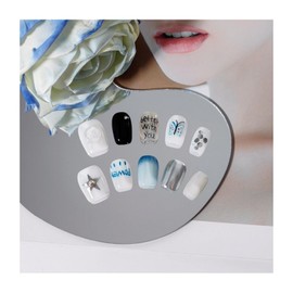 UNIYVOH Medium Square Press on Nails French Tip Handmade False Nails with Designs/Charms, Y2k Short Coffin Reusable Fake Nails (Gradient Blue, M)