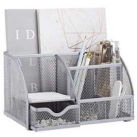 Annova Mesh Desk Organizer Office with 7 Compartments + Drawer/Desk Tidy Candy/Pen Holder/Multifunctional Organizer - Silver - Grey