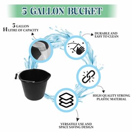 Black Plastic Builders Bucket 3 Gallon 14 Litre Water Mixing Storage Strong with Measuring Guide, Handle And Spout (Made in U.K)