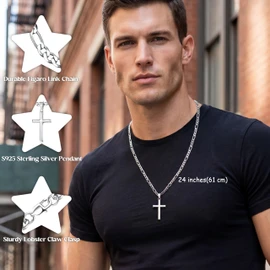 MILACOLATO 925 Sterling Silver Cross Necklace for Men Women, 5mm Durable Stainless Steel Diamond-Cut Figaro Chain with Big Beveled Edge Sterling Silver Cross Pendant, Mens Silver Crucifix Cross Necklaces Jewelry 26 Inches