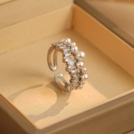 Unbranded 925 Sterling Silver French Style Pearl Cubic Zirconia Ring