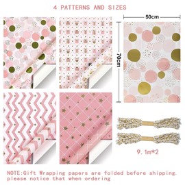 8 Sheets Pink Gift Wrapping Paper 50 x 70 cm with String, Recyclable Birthday Paper, Perfect for Birthday, Valentine's Day and Mother's Day Gift Decorations