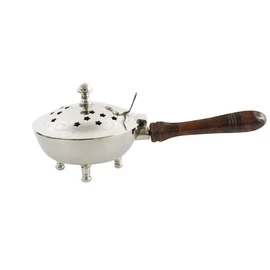 NKlaus Incense Pan with Wooden Handle Nickel-Plated Brass Hinged Lid Incense Pan Smoking Tool Charcoal Decorative Gift 2182