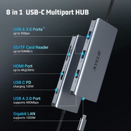 AYCLIF USB C Hub, 8 in 1 USB C Adapter Dual Display 4K HDMI, USB C Dockingstation für MacBook Pro/Air (Gigabit Ethernet, 5 Gbit/s USB 3.0, PD 100W, SD/TF Leser) für Dell, Oberfläche, HP, Lenovo