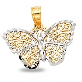 GemApex Butterfly Pendant Solid 14k Yellow White Gold Charm Diamond Cut Polished Design Two Tone 13 x 20 mm