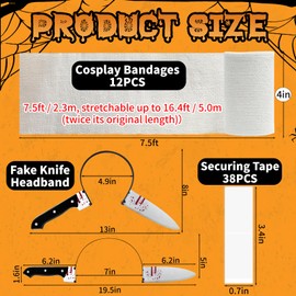 60 Yards 12 Rolls Halloween Mummy Bandage Wrap Costumes Accessories, 4in Width Mummy Gauze Cloth with Fake Knife Headband, Cosplay Zombie Makeup Scary Party Props, Photography Decoration (Adult)