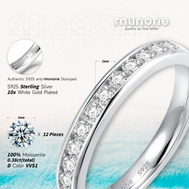 munone 14k White Gold Vermeil Sterling Silver Moissanite Channel Set 3mm Half Eternity Matching Wedding Band,Round Cut 0.36ct*12 Lab Created Diamond Band Ring for Women Men