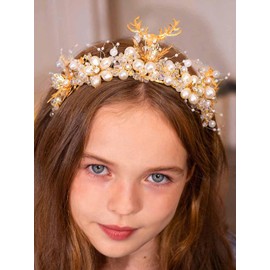 Brishow Antler Pearl Crown Gold Rhinestone Bridal Tiara Sparkly Fairy Headpiece for Women