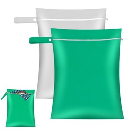 Pack of 2 Wet Bags, White and Green, Portable Waterproof Laundry Bag, Reusable Travel Wet Bag with Zip, Laundry Bag for Clothes, Towels, Nappies, Socks, (40 x 30 cm), White + Green, Home + Travel