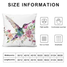 Watercolor Floral Hummingbird Decorative Throw Pillow Covers 18x18 Inch Farmhouse Cushion Cover Plush Pillow Case for Couch Sofa Bed Outdoor Home Decor