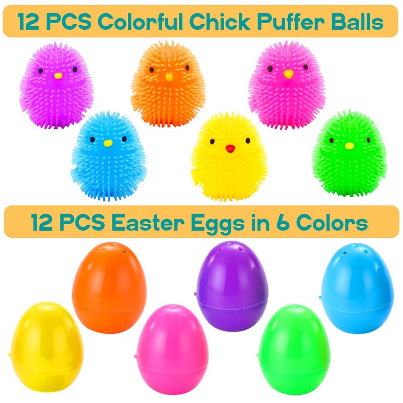 LUKBERA 12pcs Easter Eggs Filled Chick Puffer Balls for Easter