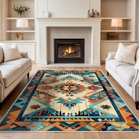 5x7 Aztec Rug Western Area Rug Southwestern Tribal Orange Blue Bedroom Ultra-Thin Soft Low Pile Large Carpet Living Room Non Slip Dining Room Stain Resistant Office Washable Machine
