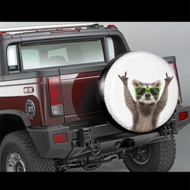 Funny Raccoon in Green Sunglasses Spare Tire Cover Cute Animal Tire Wheel Covers Waterproof Weatherproof Wheel Tire Protector Tyre Covers Universal for Trailer RV SUV Vehicle Motorhome Travel 15 Inch