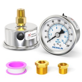 MEANLIN MEASURE 0~200Psi Dry Pressure Gauge Stainless Steel 1/4" NPT 2" FACE DIAL Waterproof for Air Compressor Air Regulator Water Filter Center Back Mount, with 1/2" NPT and 3/8" NPT Hex Bushing