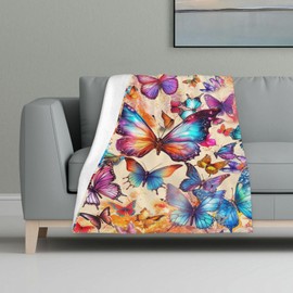 CaomeiWu Butterfly Throw Blanket, 50" x 40" Flannel Cute Butterflies Themed Stuffed Animal Colorful Throw, Soft Nap Throw Blanket for Home, Office for Boys Girls Women Butterfly Lovers Gifts