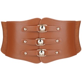 Wovanoo Women Stretchy Belt for Dresses Vintage Elastic Wide Waist Belt PU Leather Corset Cinch Belt Brown65cm