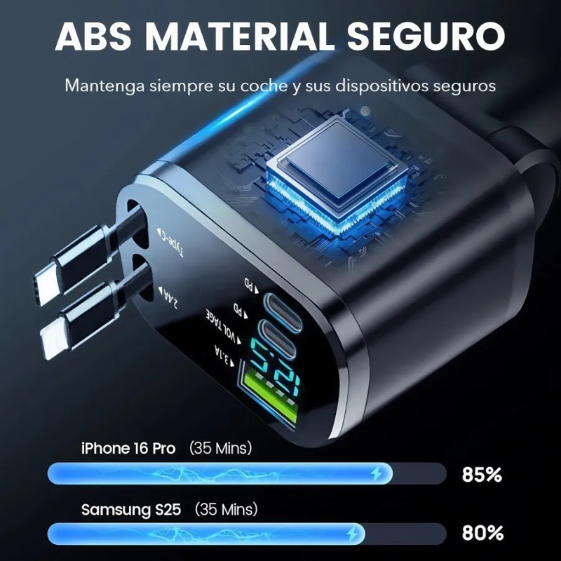 5en1 Cargador Para Auto Retráctil 120w Carga Rápida De Coche