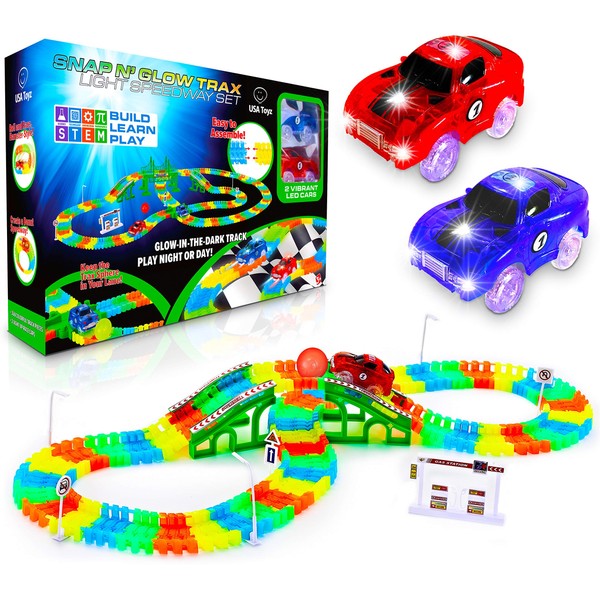 USA Toyz Glow Race Tracks and LED Toy Cars - 360pk STEM Building Glow in The Dark Bendable Rainbow Race Track Set with 2 Light Up Toy Cars