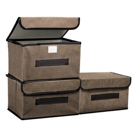 PATIKIL Fabric Collapsible Storage Bin 10.2 x 7.5 x 6.3 Inch, 3 Pcs Foldable Storage Box Cube with Lids and Handle Organizer Container for Home Bedroom Closet Clothes, Brown