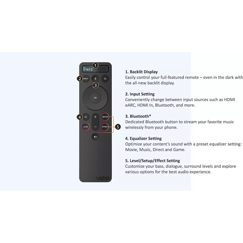VIZIO Sound Bar Remote D512-H 1023-0000257 Backlit D21-H D51-H D512-H
