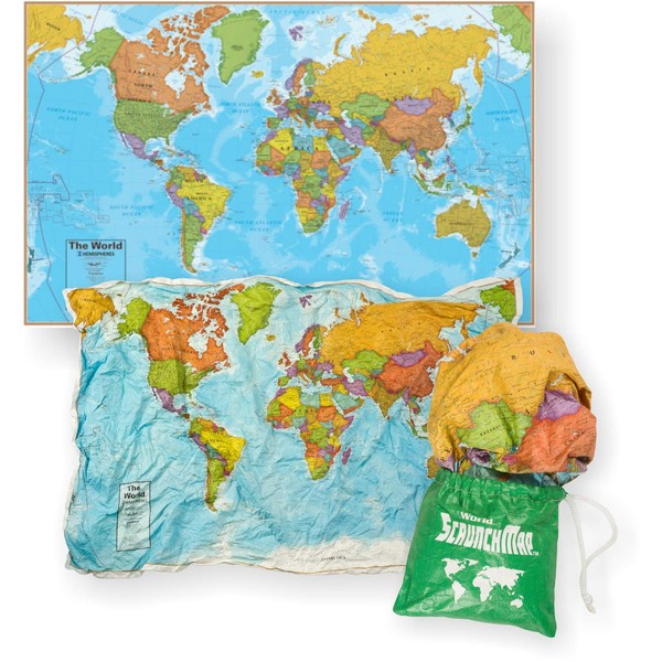 Waypoint Geographic World ScrunchMap, Portable, Easy-to-Store Map of the World, Water and Tear-Resistant Map, Eco-Conscious Unique Gifts, Storage Bag Included, 24" H x 36" W