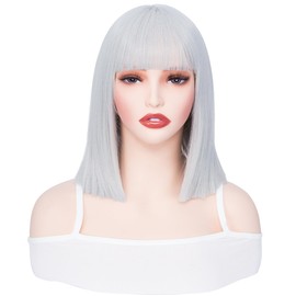 PARXITN Short Bob Silver Hair Wigs Straight with Flat Fringe 12 Inches / 30 cm Synthetic Colourful Cosplay Daily Party Wig for Women