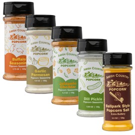 Amish Country Popcorn | 5 Pack Seasoning Bundle | Buffalo, Garlic Parmesan, Jalepeno Cheddar, Dill Pickle, BallPark Buttersalt | Old Fashioned, Non-GMO and Gluten Free