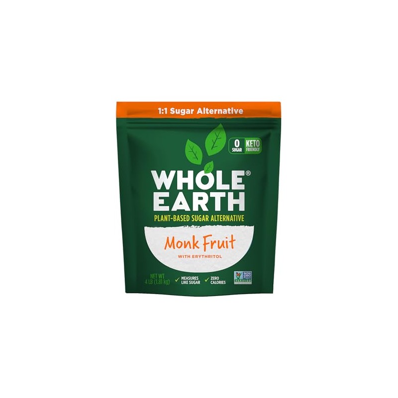 WHOLE EARTH Monk Fruit Sweetener with Erythritol, Plant-Based Sugar Alternative,