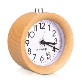 Navaris Analogue Wooden Alarm Clock with Snooze - Retro Clock with Dial Alarm Light - Quiet Vintage Wood Table Clock Without Ticking - Natural Wood in Light Brown