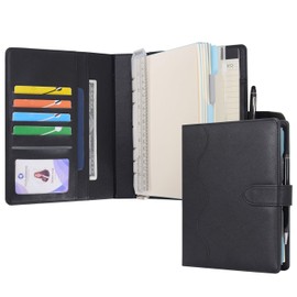 Wason Cuaderno A5 de piel con forro de poliuretano papel recargable carpeta de anillos extraíble con portapapeles y bloc de notas para escuela viajes negocios (negro)