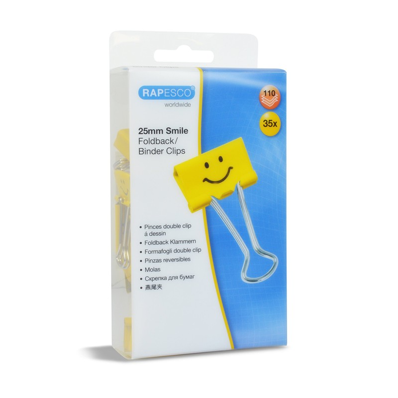 Rapesco 1427 25 mm Smiles Foldback Clips - Bright Yellow