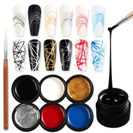 SUTOKAKA 6 Colors Spider Gel Set, Elastic Drawing Spider Gel with Nail Art Brush, White Black Red Blue Gold Silver Paint Wire Drawing Gels Polish Manicure DIY Nail Designs