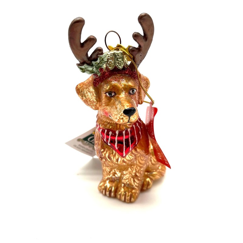 Noble Gems Golden Retriever with Antlers Glass Ornament