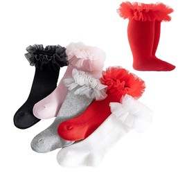 ccgo 5 Pack Newborn Baby Girls High Knee Socks Infants Toddlers Tulle Frilly Stockings Princess Ruffle Long Socks for Little Girls Baby Kids (5Pairs, M(2-3T))