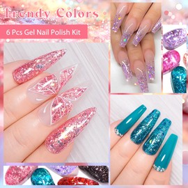 MEET ACROSS Gel Nail Polish Set 6 Pcs Glitter Colors Gel Nail Kit Art Design Soak Off UV LED (SET-3, 6pcs)