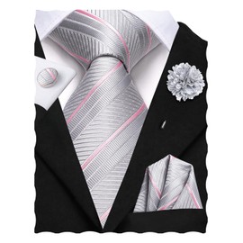 Hi-Tie Ties for Men Pocket Square Cufflinks Lapel Pin Mens Tie set Formal Wedding Business,Silver Pink Stripe
