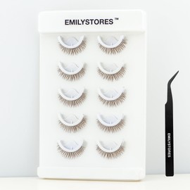 EMILYSTORES Brown Self Adhesive Eyelashes Stick Lashes Pre-Glued Natural Press on Lashes, Reusable, With Tweezer Applicator 5 Pairs (DLP07)