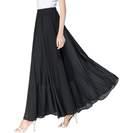 SYVENT Women's Chiffon Maxi Skirt Spring Summer Elastic Waist Lined Flared Long Skirt, Black